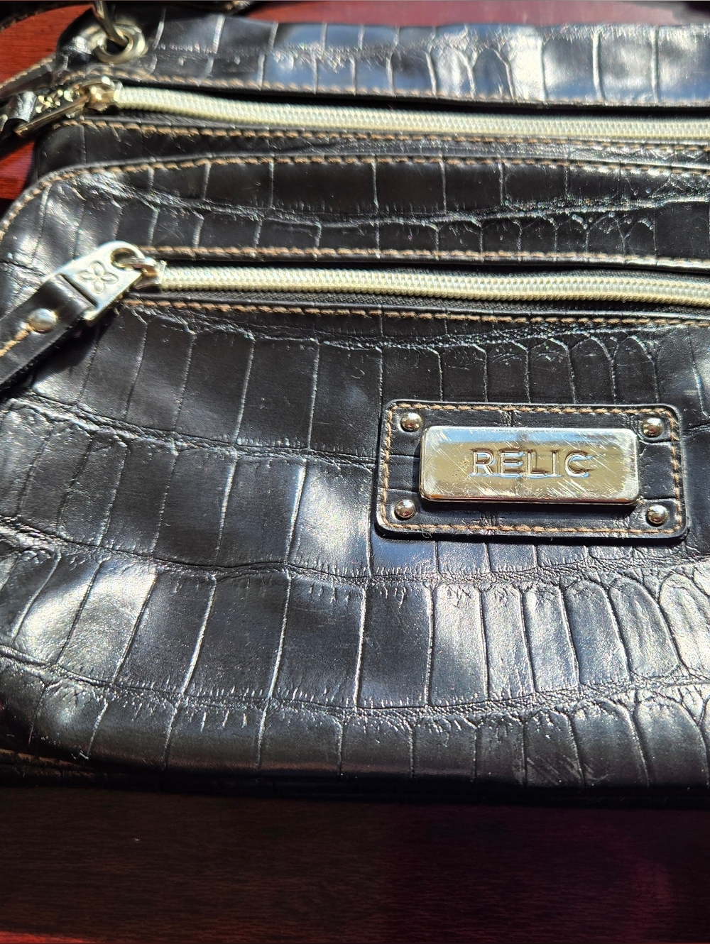 Relic by Fossil | Black Croc-Embossed Triple Zip Crossbody - Picture 13 of 16